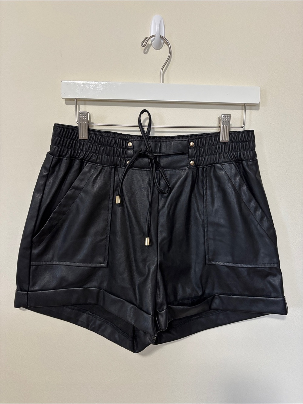 High Waisted Black Faux Leather Drawstring Shorts Grunge Whimsigoth